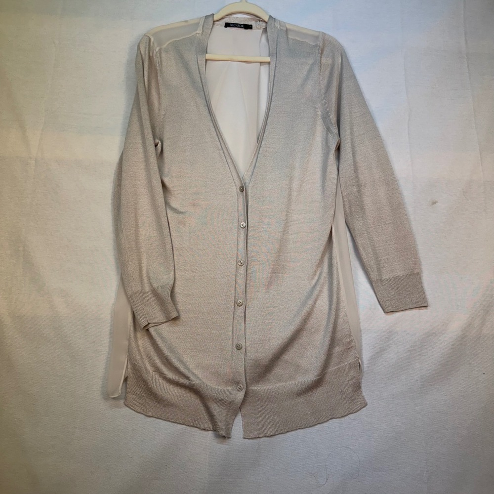 NIC+ZOE Silk Blend Longline Cardigan Sheer Chiffon Back Beige Large